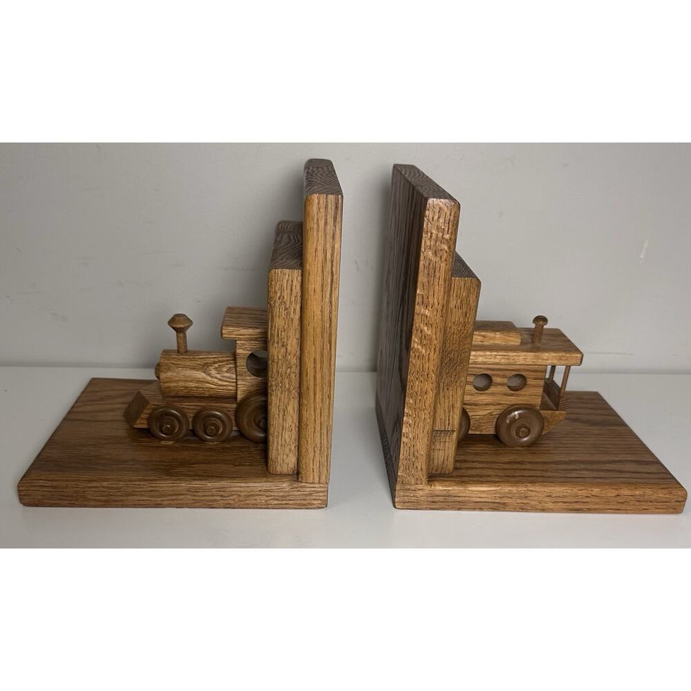 Train Locomotive And Caboose Bookends Solid Oak Wood Steam Engine Handmade